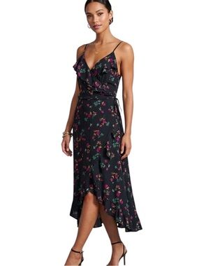 Leith Floral Wrap Dress High-Low Midi Ruffle Purple Teal Medium